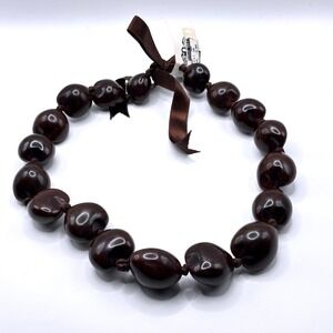 Hilo Hattie Genuine Kukui Nut Lei Necklace Dark Brown Ribbon Tie Hawaii KL18BR